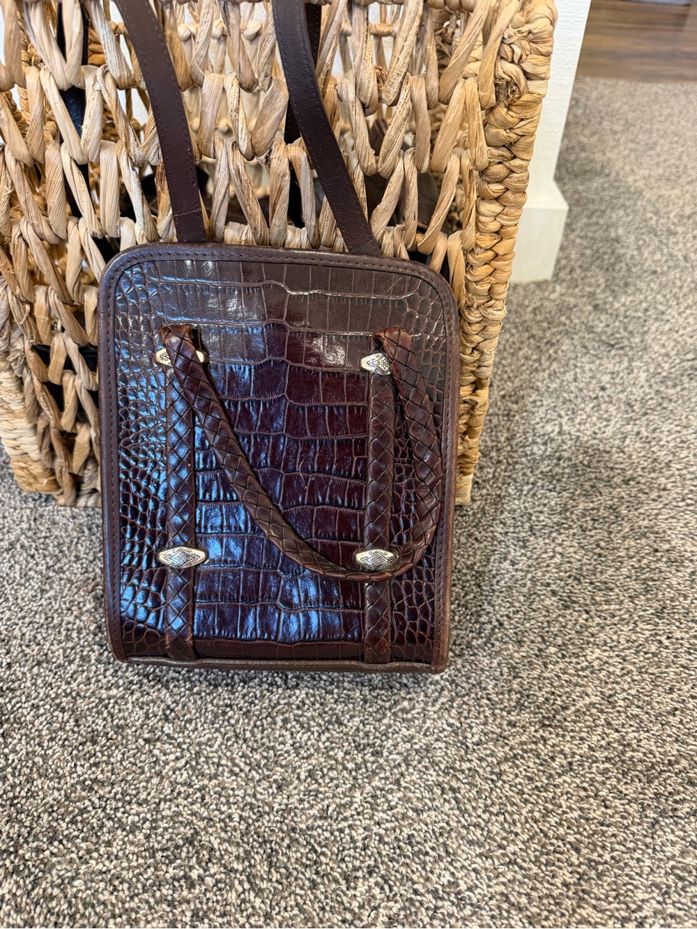 Brighton Dark Brown Croc-Embossed Satchel with Silver Accents